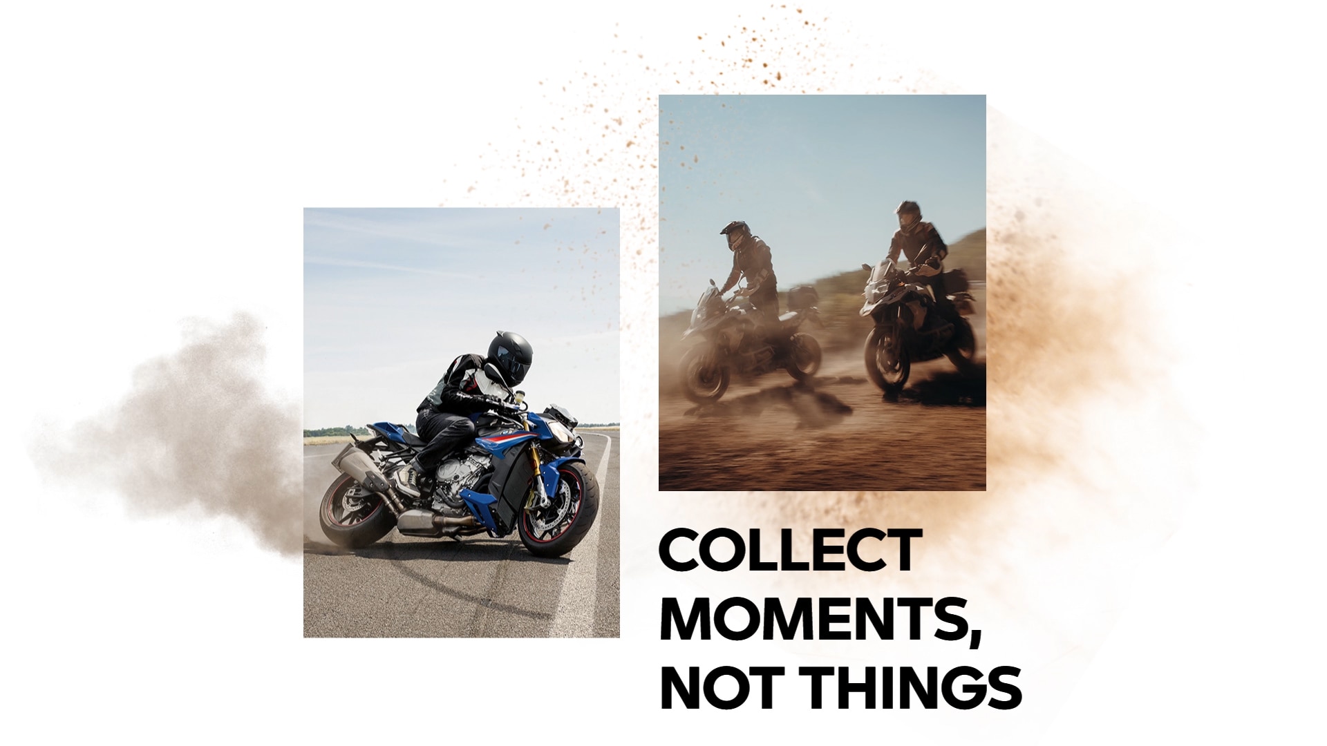 Um piloto da BMW Motorrad em uma pista de corrida. Dois pilotos da BMW Motorrad em solo arenoso.